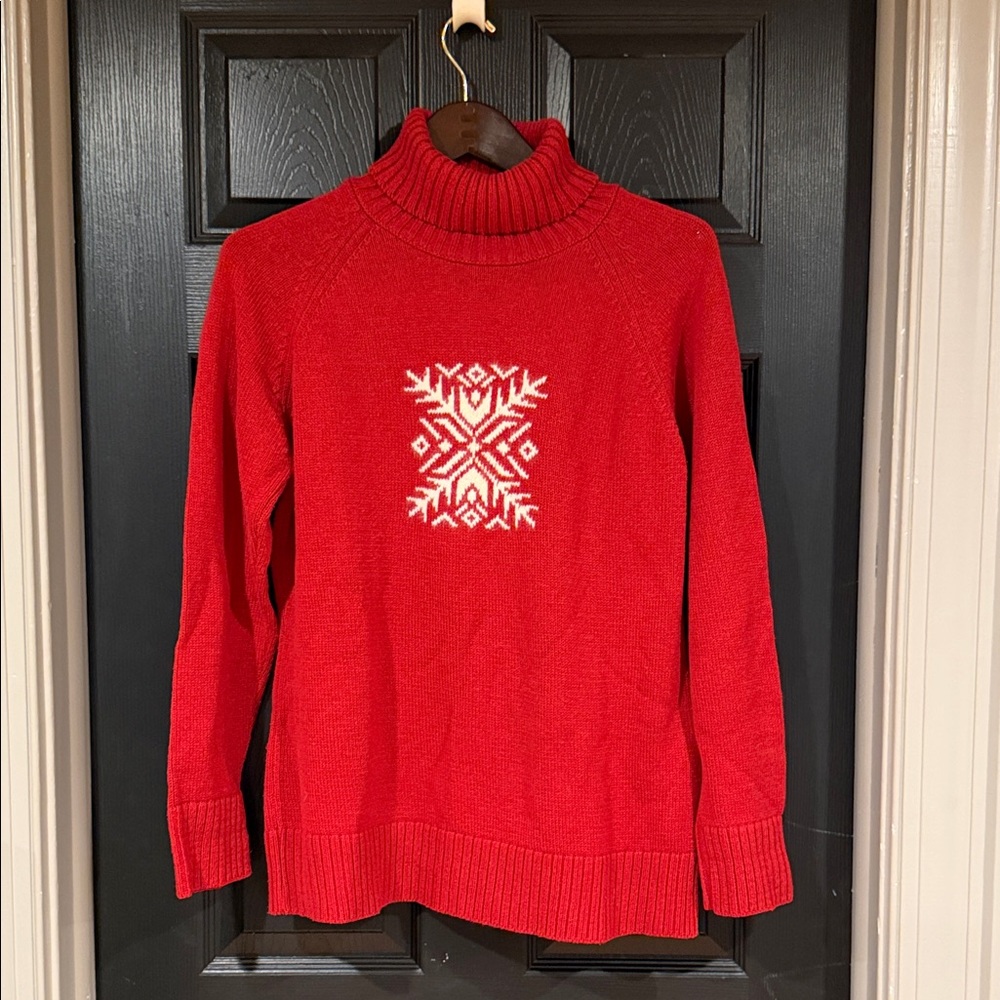 Coldwater Creek Red Turtleneck Sweater with White Snowflake. Large